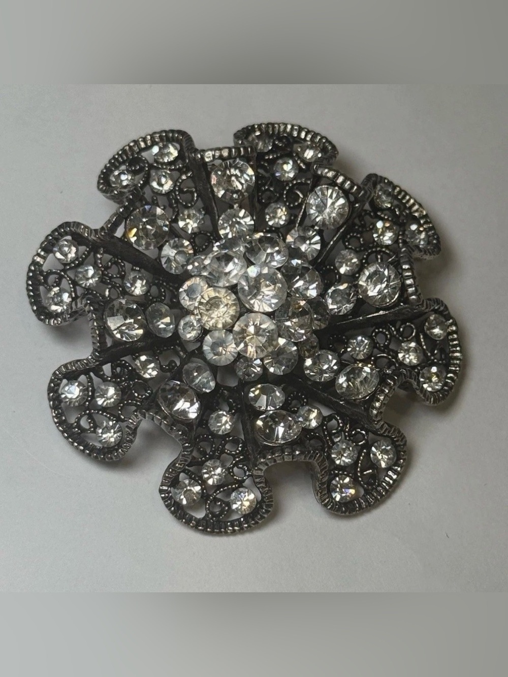 Flower Brooch Silver Metal Rhinestone Clear Round Cluster Pin Ruffled 2”